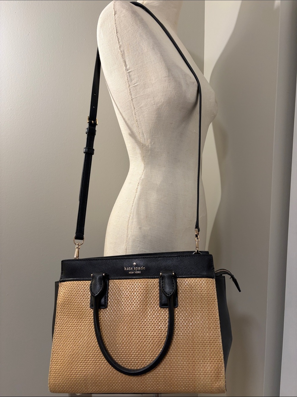 Kate Spade Black Leather & Straw Satchel Crossbody Bag with Strap